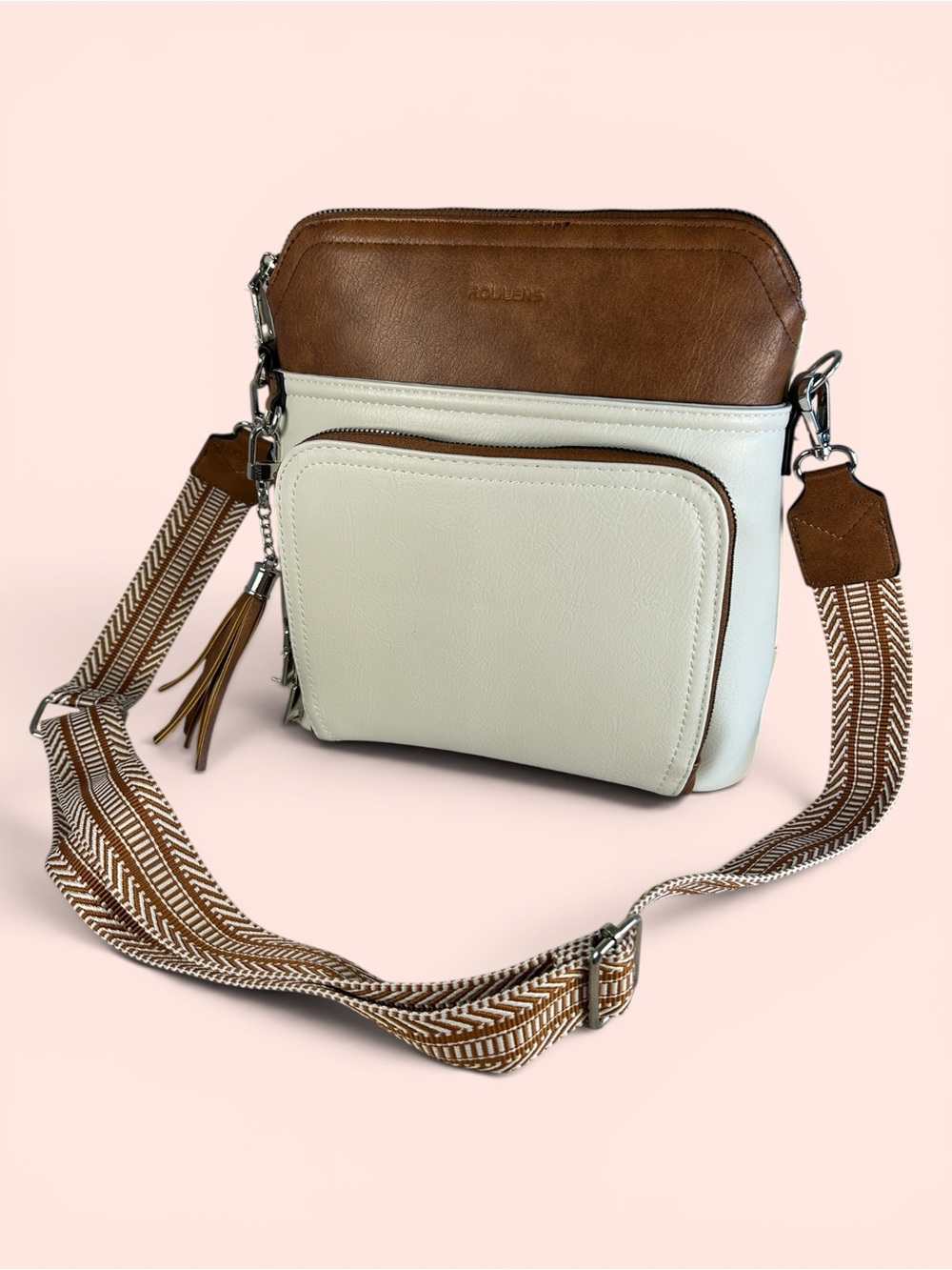 Roulens Two-Tone Cream and Brown Faux Leather Crossbody Bag with Tassel